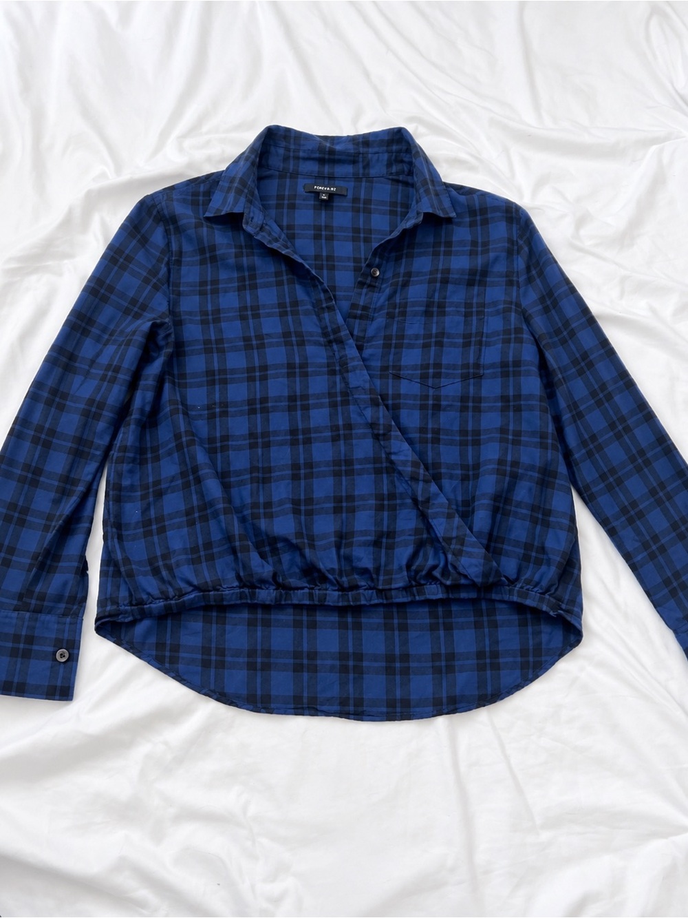 Madewell Blue and Black Plaid Wrap-Style Button-Down Shirt